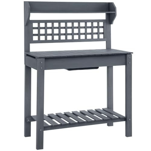Outsunny Outdoor Potting Bench Table with Sliding Tabletop, Gray