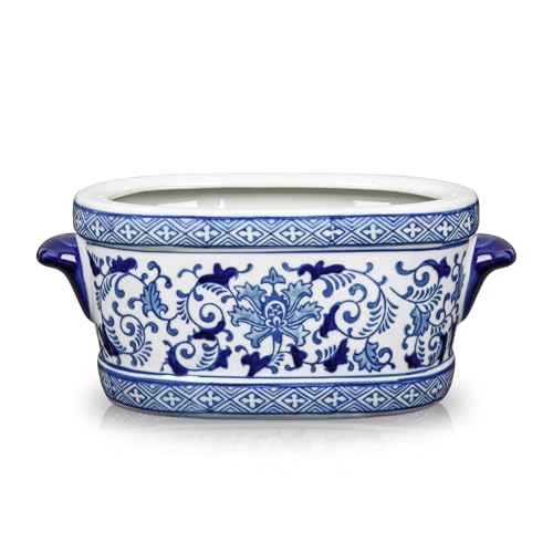 Blue and White Ceramic Planter Pot – Vintage Floral Oval Cachepot Vase for Indoor Plants, Flowers & Succulents – Glazed Porcelain Style Chinoiserie Décor – 7.4" Size – No Drainage - size: 7.4" Blue Floral