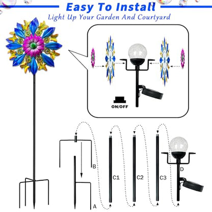 60 in Large Wind Spinners Outdoor, Solar Double Sided Wind Sculpture - color: 60 In-blue