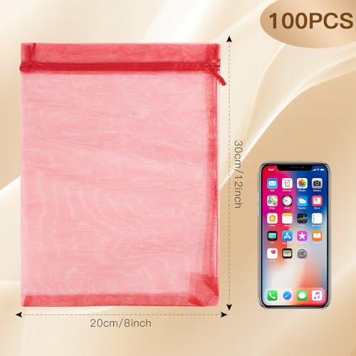Burgundy Organza Bags, 100 PCS Sheer Mesh Bags Drawstring 8x12 Inch, Large Wedding Gift Party Favor Bag, Mesh Gift Candy Goodie Jewelry Fruit Protection Bag for Bathroom Soaps Christmas Birthday - color: burgundy-100pcs