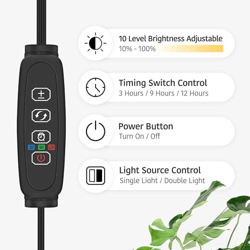 Grow Light for Indoor Plant,Dual Head Full Spectrum with 3/9/12H Auto Timer - color: Black