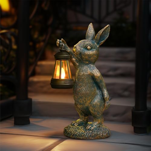 Rabbit Garden Statues with Solar Lantern Bunny Outdoor Figurine