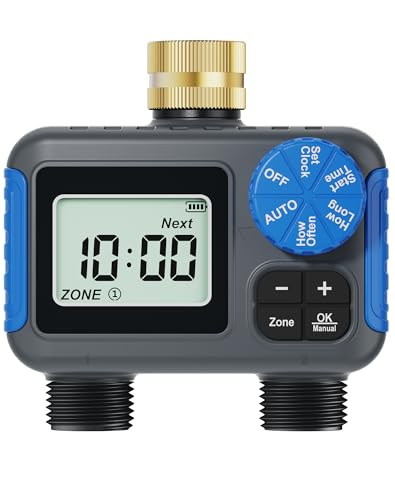 Sprinkler Timer, 2 Zone with Brass Swivel, Digital Irrigation Controller System with Rain Delay/Manual/Automatic Watering for Outdoor Garden Yard Lawn