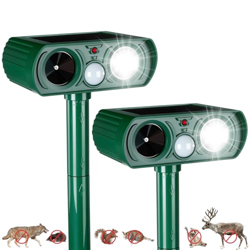 2 Pcs Ultrasonic Animal Repellent Outdoor Solar USB Powered Repeller Cat Dog Deer Deterrent Waterproof Motion Sensor Deterrent for Yard Garden Bunny Squirrel Fox Pest (Green,Novel Style)