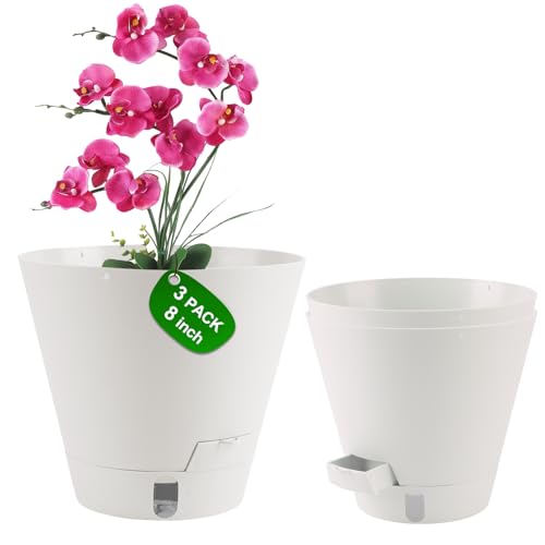 Pottiffe Self-Watering-Pots-for-Indoor-Plants, 8 Inch Flower Pots for Indoor Plants, 3 Pack Plastic Planters with Drainage Holes and Saucers - color: White