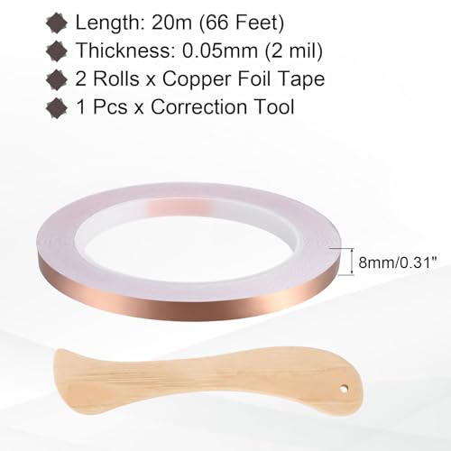 2pcs Copper Foil Tape 0.31" x66FT Single Conductive Adhesive Tape - size: 0.31 Inch x 66 FT