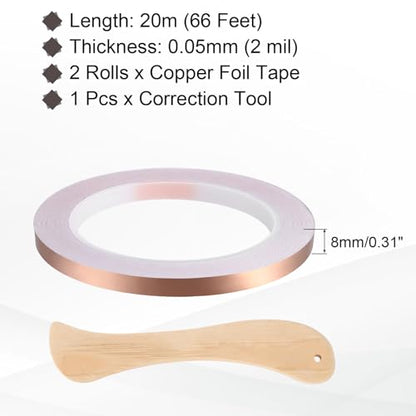 2pcs Copper Foil Tape 0.31" x66FT Single Conductive Adhesive Tape - size: 0.31 Inch x 66 FT