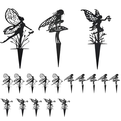 Decorative Garden Stakes， Fairy Garden Stakes, Butterfly Fairy Stakes for Weather Resistant Black Metal Outdoor Decorative Art for Women Gift (Matte Black, 18P-A) - color: Pure Black, size: 18Pack L