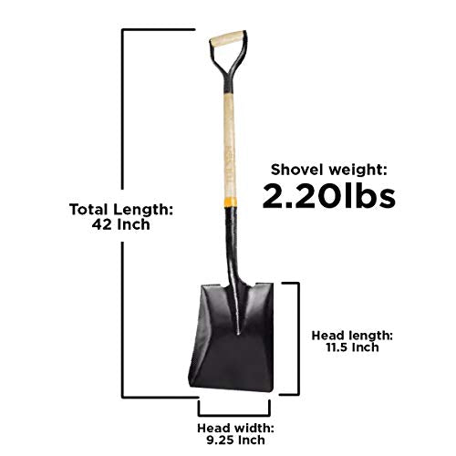 Garden Shovels for Digging, Spade Shovel, Garden Shovel for Planting, D Grip Steel Shovel, Flat Shovel Wooden Handle, Carbon Steel, Square Shovel, Head is 9.25″ Wide x 11.5 deep, Overall Length 42''
