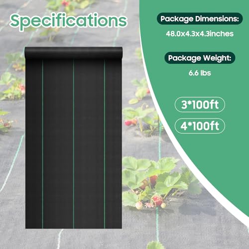 3x100FT Weed Barrier Fabric 3.2oz Garden Cloth w/ 20 Staples - size: 3*100FT