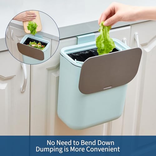 2.38 Gallon / 9 Liter Compost Bin Hanging Trash Can Stainless Steel Garbage Can with Stainless Steel Lid and Hanging Hook, for Kitchen、Bathroom& Offices, Green - color: Green, size: Large