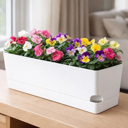 Party Zealot Window Boxes Planters, 5 Pack Self Watering Pots for Indoor Plants 17 Inch Rectangular Planter Rectangle Flower Pots Long Plant Pot Large Window Sill Herb Planter Box, White - color: White