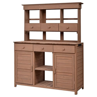 Merax 65.7" Tall Garden Potting Bench with Hutch, 3 Shelves, 6 Drawers, 2 Cabinets & Hooks - color: Brown