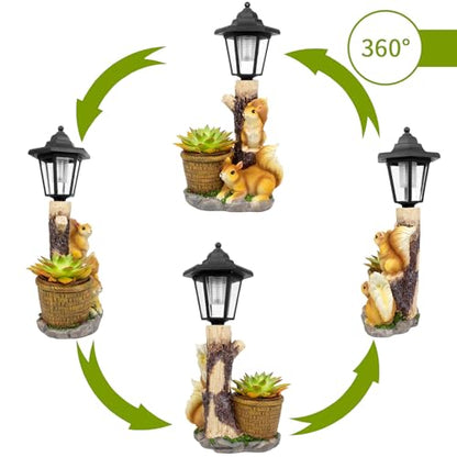Solar Squirrels Outdoor Statues, Garden Sculpture with Flowerpot & Lantern - color: Squirrels
