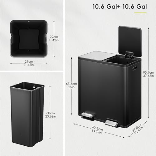 EKO EcoCasa Plus 2 x 10.6 Gal (2 x 40 L) Dual Trash Can for Kitchen, Large Stainless Steel Step-On Garbage Can, Trash and Recycle Bin Combo with Soft-Close Lids, Removable Buckets, Matte Black - color: Matte Black, size: 40L+40L
