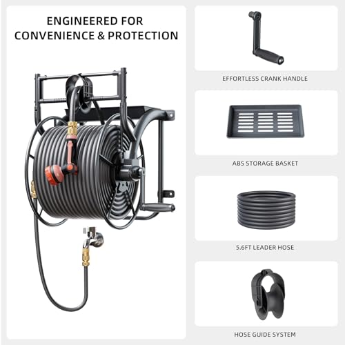 Metal Wall Mounted Garden Hose Reel Holds 150 ft 5/8" or 230 ft 1/2" Hose