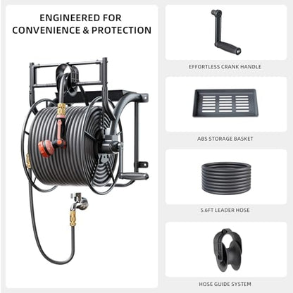 Metal Wall Mounted Garden Hose Reel Holds 150 ft 5/8" or 230 ft 1/2" Hose