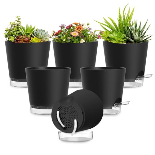 Plant Pots 4 Inch Self Watering Pots,6 Pack Plastic Planters with Drainage Holes and Clear Saucers,Plastic Flower Pots,Nursery Planting Pot for Indoor Out Door Plants (Black, 4 inch) - color: Black, size: 4 inch