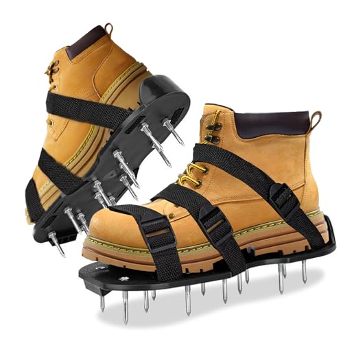The Lawn Aerator Shoes for Grass, Epoxy Spiked Shoes with 1.65'' Sharp Short Spikes, Garden Grass Loosening Spike Shoe for Epoxy Flooring, 6 - Shoelace Design (Black, 11.8'' x 5.1'') - color: Black