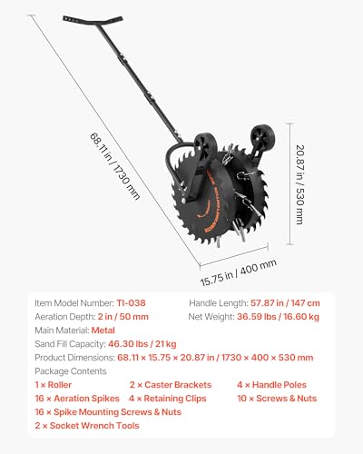 VEVOR Rolling Lawn Core Aerator, 16.6 in Coring Aerator Roller with Anti-Clog Tines, Heavy Duty & Rust-Resistant, Yard Grass Pulling Plugs Manual Aeration Tool for Compacted Garden Soil Loosening