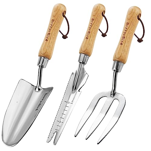 Berry&Bird Gardening Hand Tool Set - 3PCS Stainless Steel Garden Tool Kit Multifunctional Tool with Wooden Handle Trowel, Fork & Weeder for Weeding Planting Transplant, Ideal Garden Gift for Women&Men - style: Gardening Tool