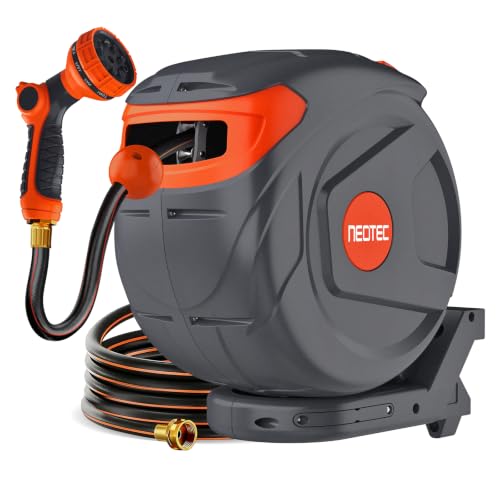 Retractable Garden Water Hose 82ft 1/2 inch, Wall Mounted Hose Reel with Automatic Rewind System, Any-Length Lock & Spray Nozzle for Efficient Yard Work - size: 1/2 inch 82ft