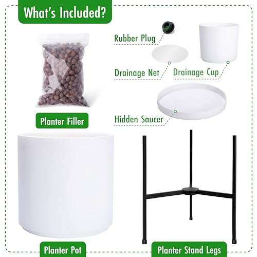 D'vine Dev Cylinder Planter Pot with Metal Stand, White, 14 in, 96-T-A-4 - color: White, size: X-Large 14 Inch