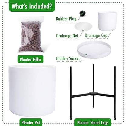 D'vine Dev Cylinder Planter Pot with Metal Stand, White, 14 in, 96-T-A-4 - color: White, size: X-Large 14 Inch