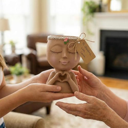 Face Planter Pot with Heart Hands Indoor Plants Resin Head Planter, Brown - color: Brown