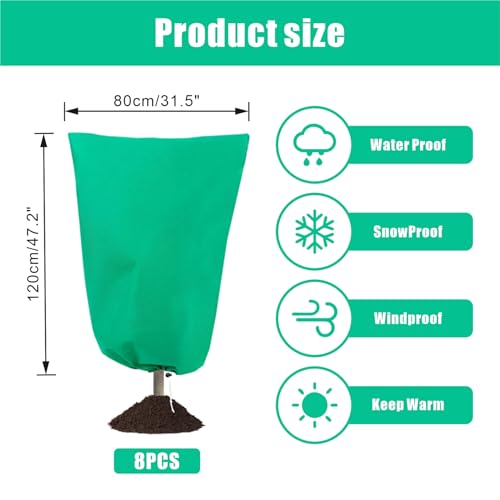 8 Pack Plant Covers Freeze Protection, 31.5"x47.2" with Zipper Drawstring - color: Green