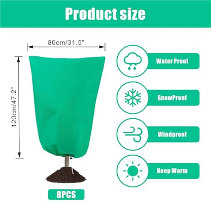 8 Pack Plant Covers Freeze Protection, 31.5"x47.2" with Zipper Drawstring - color: Green