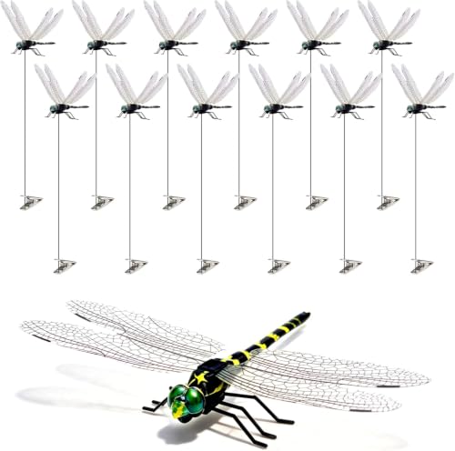12 Pack 3D Dragonfly Clips, Fake Dragonflies with Stakes, Realistic Plastic Dragonfly Garden Decorations, Fly Deterrent Clips for Hats, Pets, Horses, Deer, Yard, Patio, Indoor & Outdoor Decor - color: 12Pack