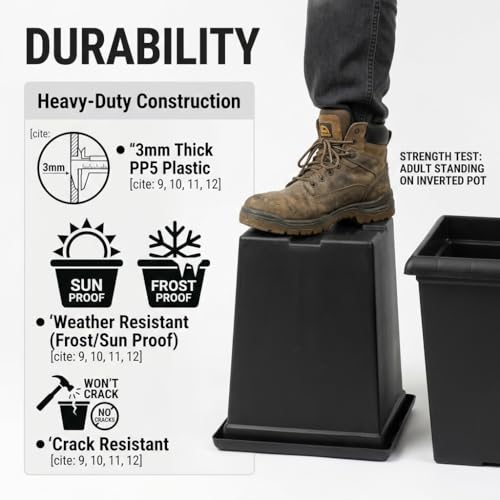 10 inch Heavy Duty Square Planters - 4 Pack Deep 13 inch Plastic Plant Pot - color: Black