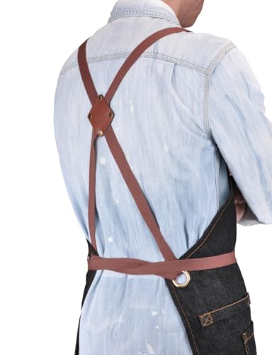 Mens Womens Cooking Apron with Cross Back Straps,Black Denim - color: Black Denim With Cross Back Straps