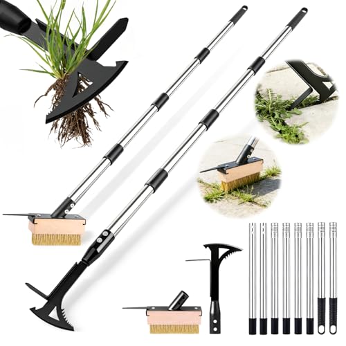 2 Crack Weeder Tool Set—5.1in Extended Metal Crevice Weeding Brush & Multi-Blade L-Shape Manganese Steel Weed Puller,Weeding Moss Remover Tool for Weeding