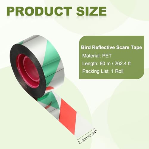 MECCANIXITY 262ft Long 1" Wide Green/Silver Dual Side Reflective Holographic Flash Bird Scare Tape Ribbon to Keep Birds Away, Hang Tie on Garden Farm Orchards Balcony Patio Yard Fence - color: Green Silver, size: 262.4ft x 0.94in