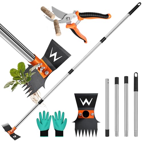 Weed Puller Tool & Garden Hoe, 60 Inch Long Handle, Heavy Duty Weed Remover - color: orange