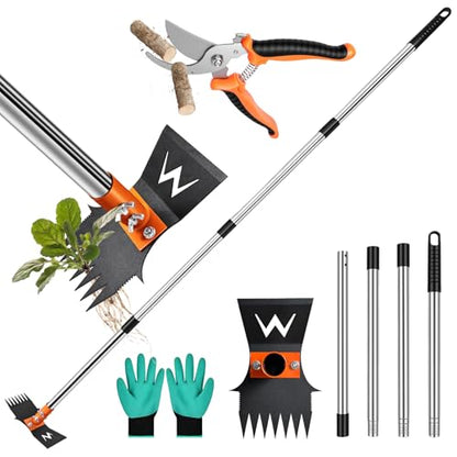 Weed Puller Tool & Garden Hoe, 60 Inch Long Handle, Heavy Duty Weed Remover - color: orange