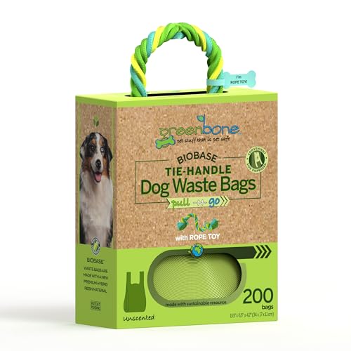 Greenbone Poop Bags for Dogs with Handles Unscented with Bonus Rope Pet Toy, 200 Count on Single Roll, Plant Based - style: Uncented-toy