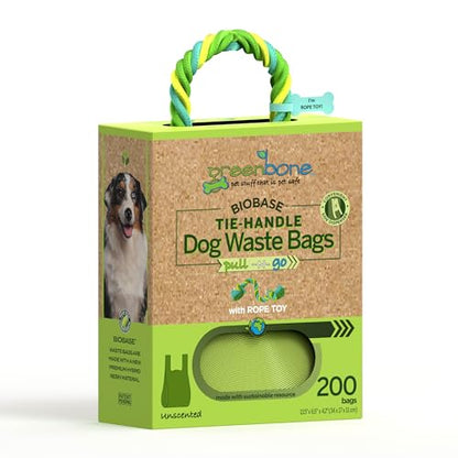 Greenbone Poop Bags for Dogs with Handles Unscented with Bonus Rope Pet Toy, 200 Count on Single Roll, Plant Based - style: Uncented-toy