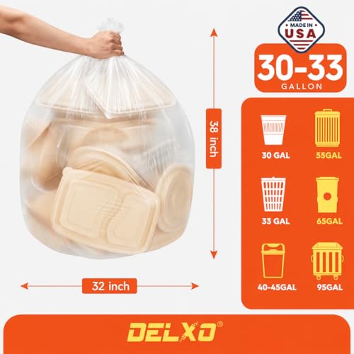 Delxo 30-33 Gallon Trash Bags, 250 Count Bulk Value Clear Large Garbage Bag - color: 33Gal-Clear