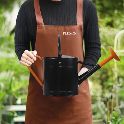 Plexon Metal Watering Can Outdoor 1 Gallon, Flower Plant Gardening Garden Large Watering Can Pot Pitcher, Steel Orange Handles and Removable Spray Spout, Black - color: Black