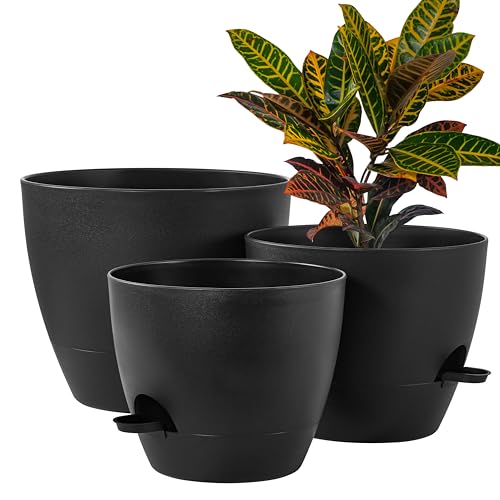 FaithLand 3-Pack Large Planter Pots, 12 10 9 Inch Self Watering Flower Pots for Indoor Outdoor Garden Plants, Black - color: Black, size: 12"+10"+9"