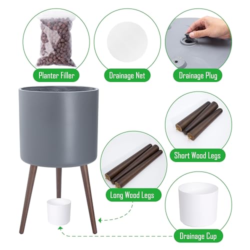 D'vine Dev 16 Inch Planter Pot with Wood Stand, Grey, 88-O-E-3 - color: Matte Grey, size: XX-Large