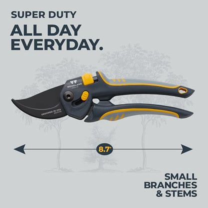 Woodland Tools Co. Super Duty Bypass Pruning Shears – 3/4" Cut Capacity, Gear-Driven Cutting System, High Carbon Steel Blade, Internal Spring, Adjustable Grip, Garden Pruner for Thick Stems and Shrubs - style: Super Duty Pruner