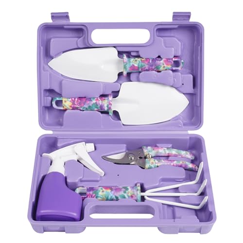 Gardening Tools,5 Pieces Garden Tools with Floral Print, Ergonomic Handle Trowel Rake Weeder Pruner Shears Sprayer,Gardening Supplies with Carrying Case Gifts for Women
