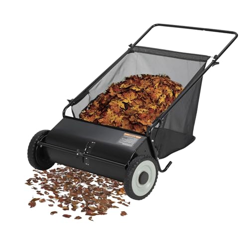 26 Inch Walk Behind Lawn Sweeper, Push Leaf Collector with 2.6 Bushel Collection Bag, Steel Yard Rake for Leaves, Grass Clippings, Debris, Black with Yellow Wheels - color: Black