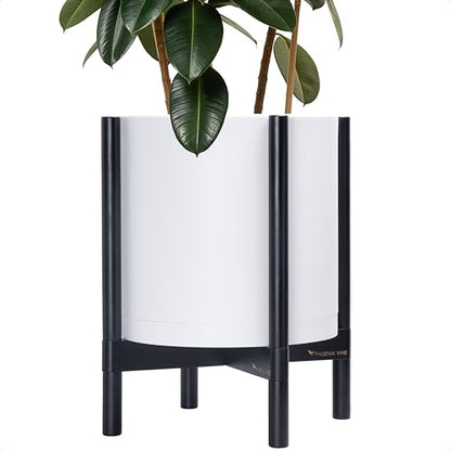 D'vine Dev Plastic Pot with Ebony Wood Stand, White, 14 in, 55-C-T-1 - color: Matte White Pot + Ebony Stand, size: 14 Inch