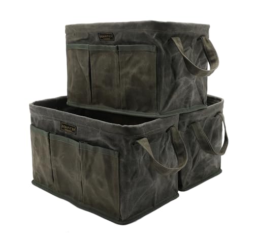 Tool Bag for Organizing, Waxed Canvas Wide Open Top Tool Tote Bag with 6 External Pockets, 13.8 x 7.8 x 7.8 Inches 3-Pack (ArmyGreen) - color: ArmyGreen