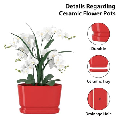 8.9" Rectangular Ceramic Planter with Drainage and Saucer, Red - color: Red, size: Medium